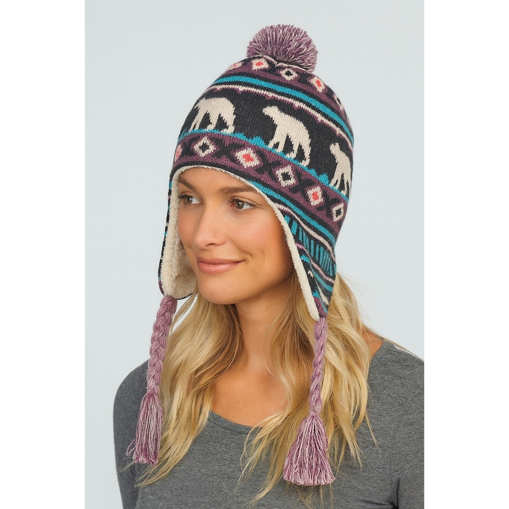 LL Bean Hat Freeport Polar Bear Winter Fleece Beanie Pom Pom Knit Ski S/M